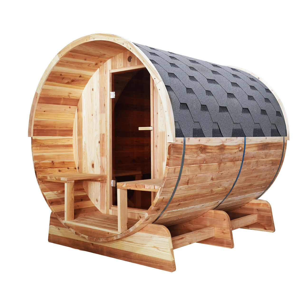 Outdoor/Indoor Red Cedar Wet/Dry Barrel Sauna - Front Porch Canopy with Panoramic View - Bitumen Shingle Roofing - 8 kW UL Certified KIP Harvia Heater - 6-8 Person - Prime Spot Saunas