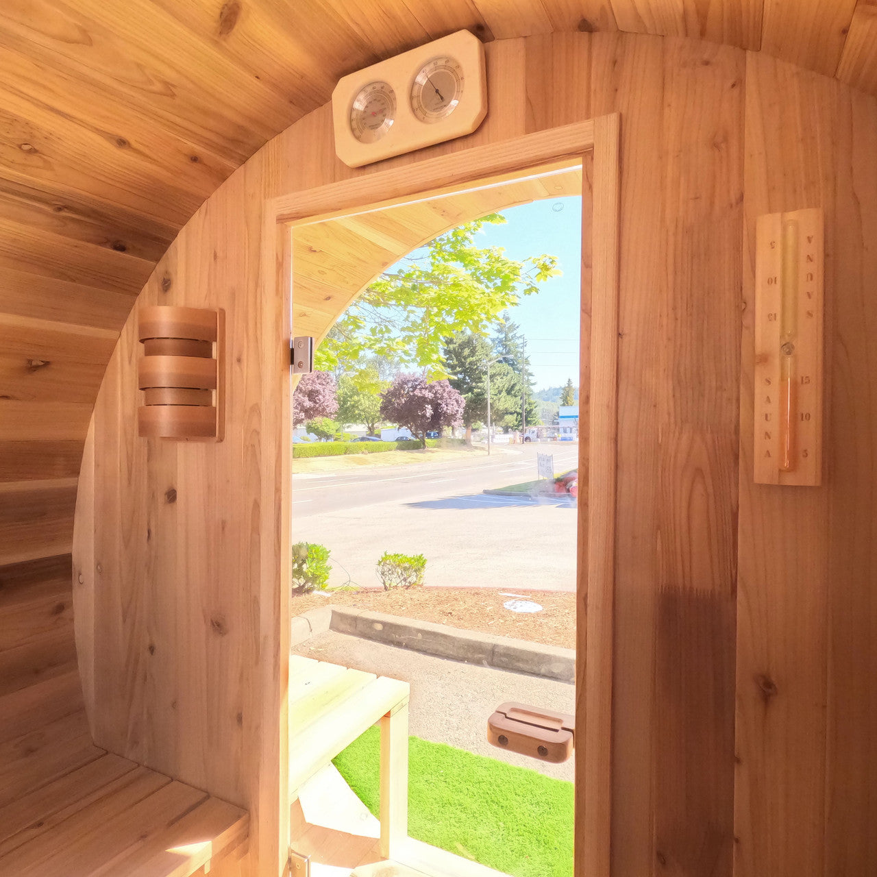 Outdoor/Indoor Red Cedar Wet/Dry Barrel Sauna - Front Porch Canopy with Panoramic View - Bitumen Shingle Roofing - 8 kW UL Certified KIP Harvia Heater - 6-8 Person - Prime Spot Saunas