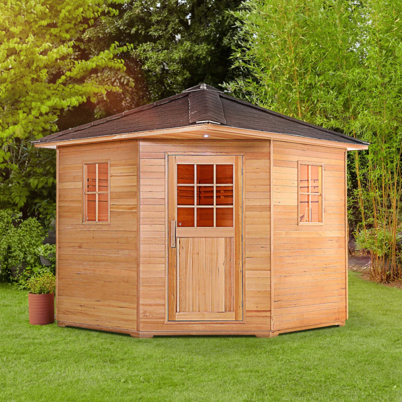 Canadian Hemlock Wet Dry Outdoor Sauna with Asphalt Roof - 8 kW UL Certified Heater - 8 Person - Prime Spot Saunas