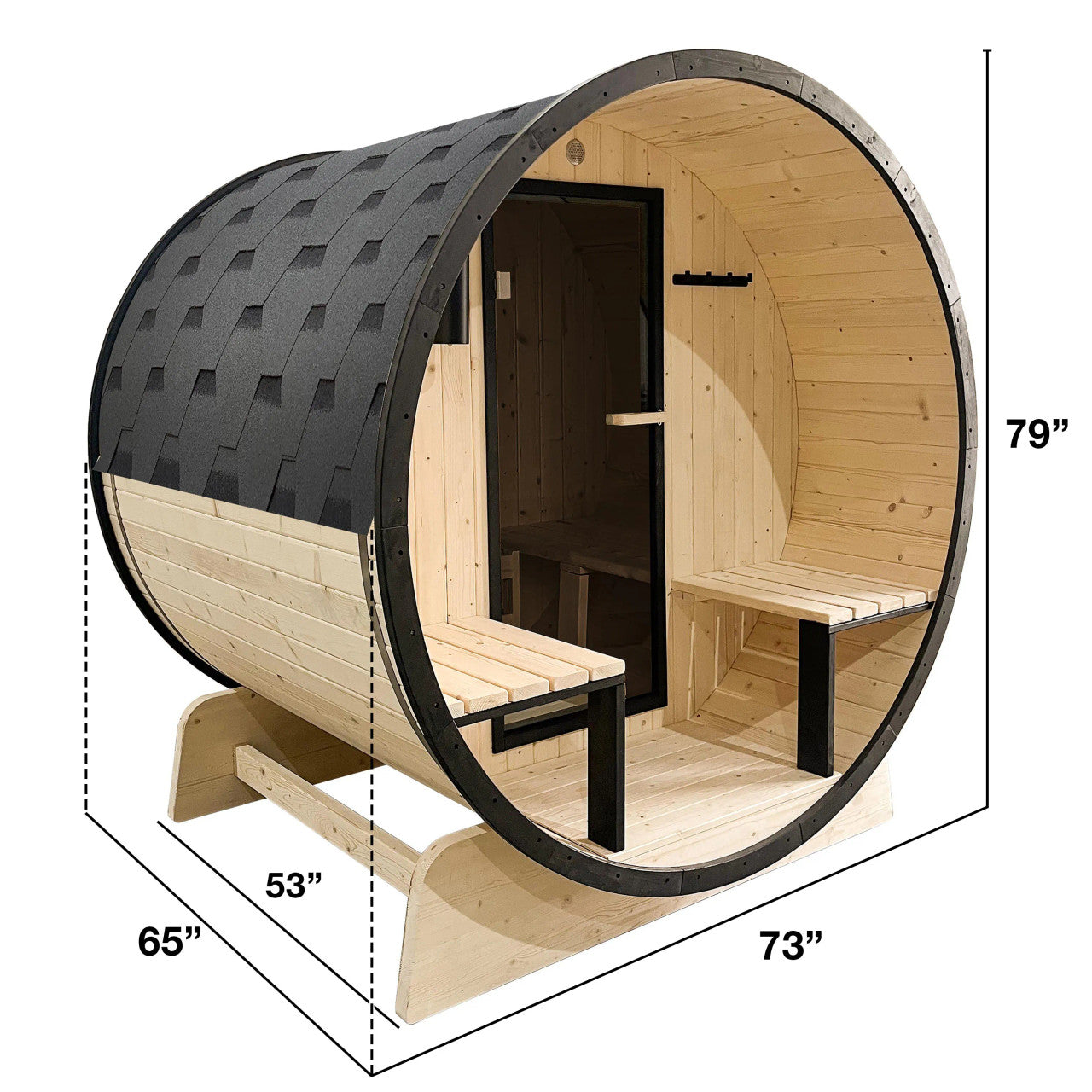 Outdoor White Finland Pine Traditional Barrel Sauna with Black Accents & Front Porch Canopy - 3-5 Person Capacity - SB5PINECPBLK-AP - Prime Spot Saunas