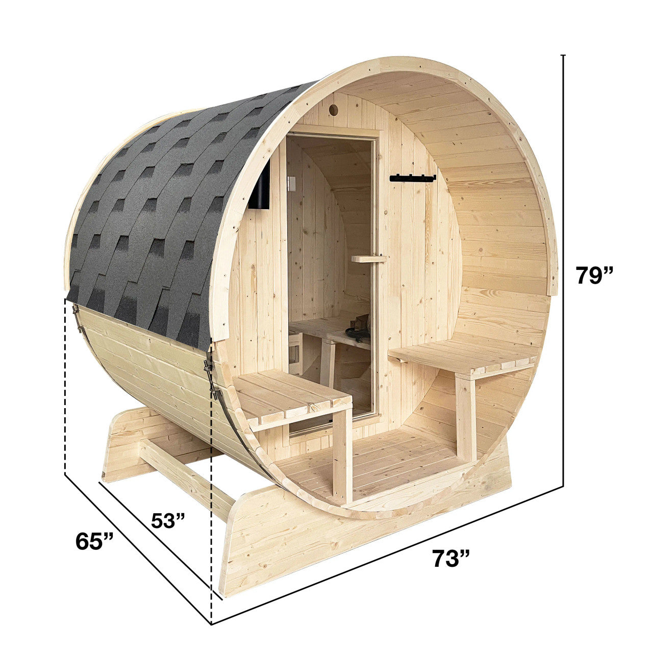 Outdoor-Indoor White Finland Pine Wet Dry Barrel Sauna - 3-5 Person - Canopy - 4.5 kW UL Certified - Bitumen Shingle Roofing - SB5PINECP-AP - Prime Spot Saunas