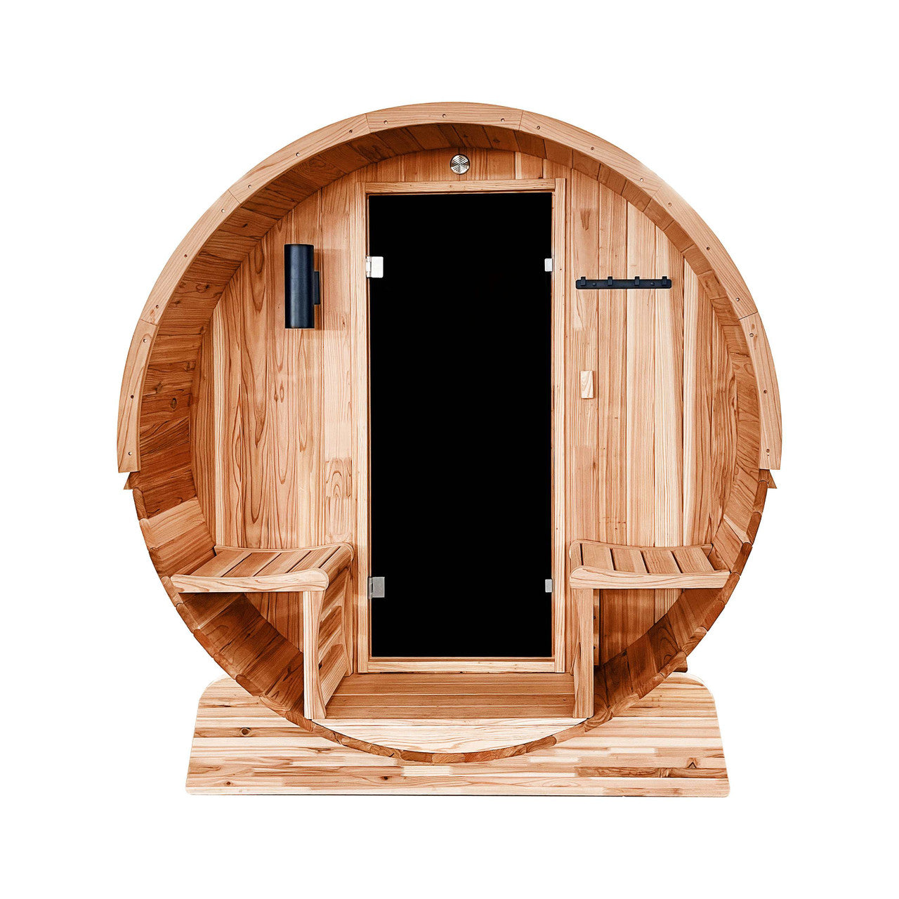 Outdoor Rustic Cedar Barrel Steam Sauna - Front Porch Canopy - UL Certified - 5-6 Person - Prime Spot Saunas