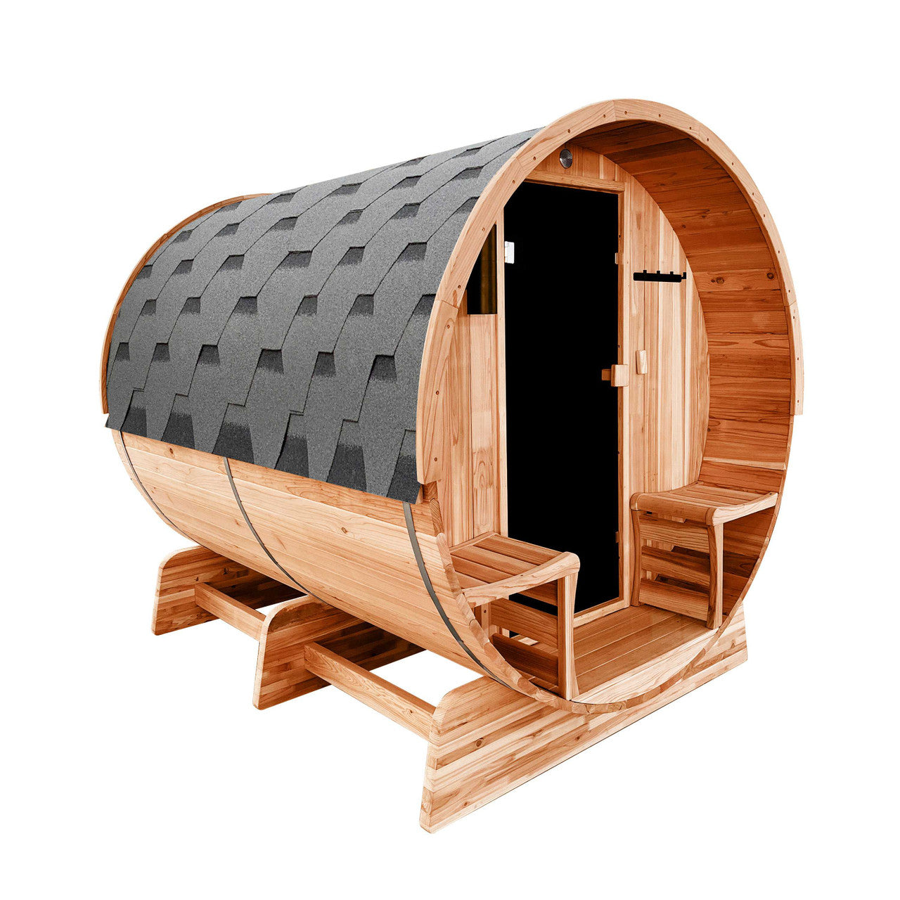 Outdoor Rustic Cedar Barrel Steam Sauna - Front Porch Canopy - UL Certified - 5-6 Person - Prime Spot Saunas