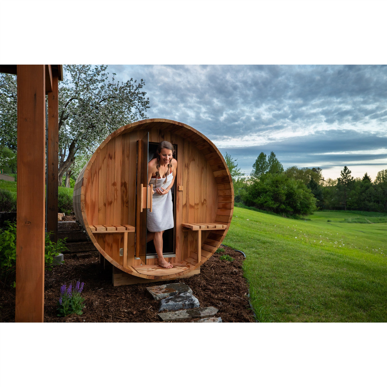 Outdoor/Indoor Red Cedar Wet/Dry Barrel Sauna - Front Porch Canopy with Panoramic View - Bitumen Shingle Roofing - 8 kW UL Certified KIP Harvia Heater - 6-8 Person - Prime Spot Saunas