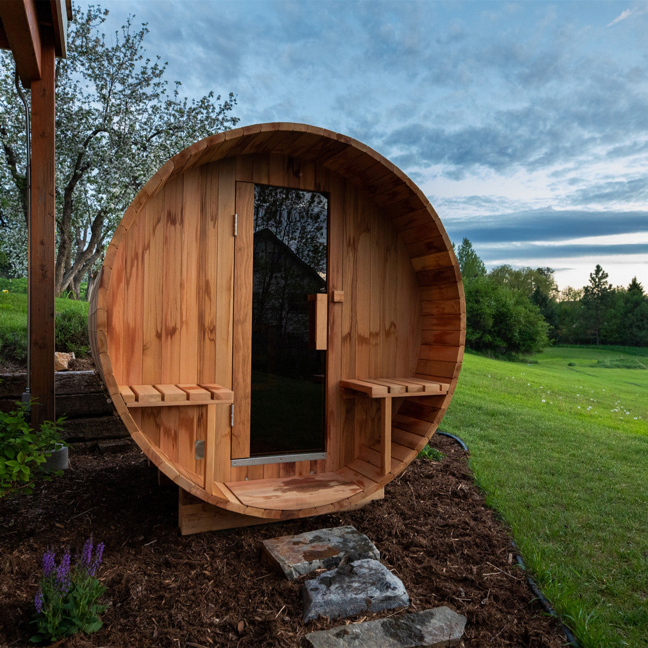 Outdoor/Indoor Red Cedar Wet/Dry Barrel Sauna - Front Porch Canopy with Panoramic View - Bitumen Shingle Roofing - 8 kW UL Certified KIP Harvia Heater - 6-8 Person - Prime Spot Saunas