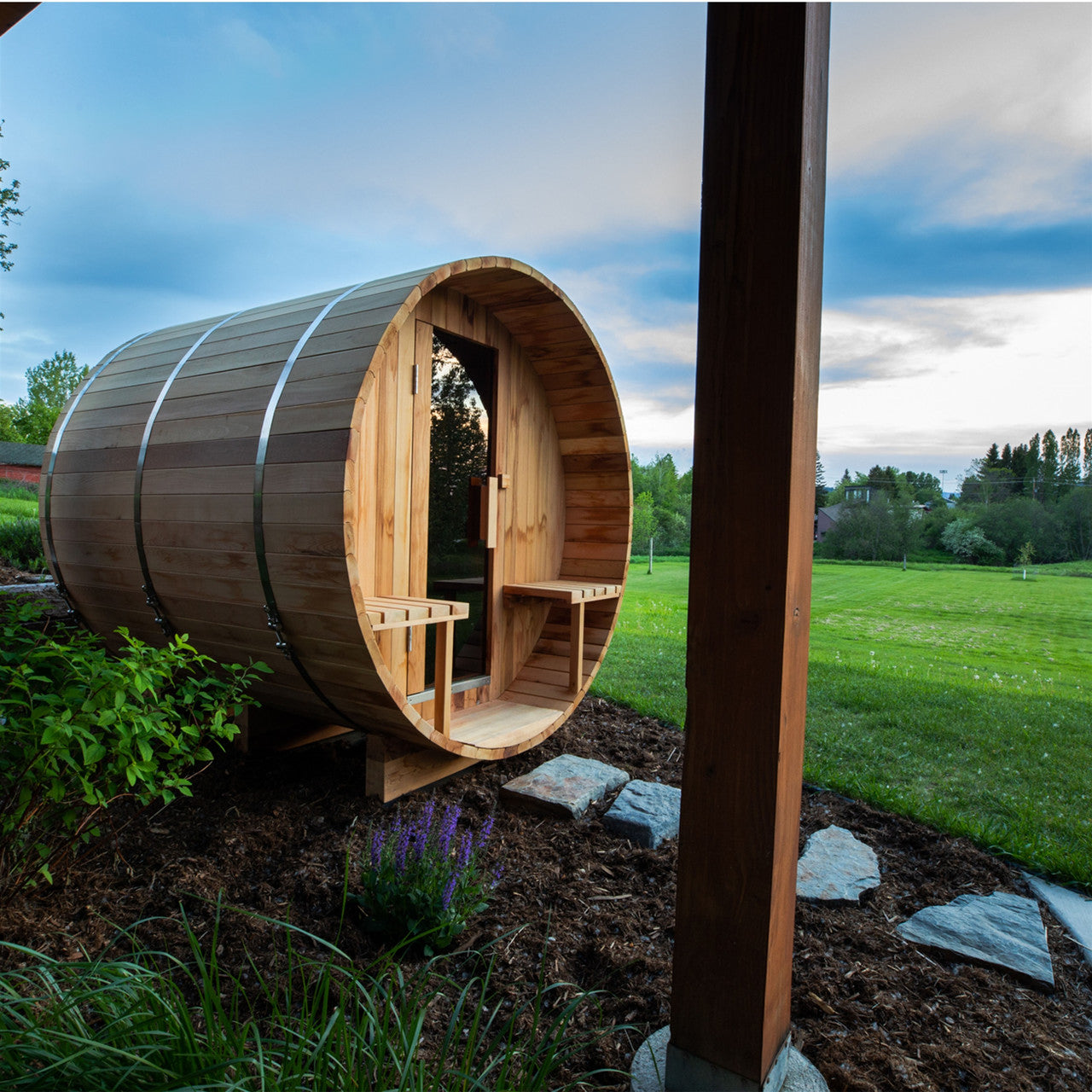 Outdoor/Indoor Red Cedar Wet/Dry Barrel Sauna - Front Porch Canopy with Panoramic View - Bitumen Shingle Roofing - 8 kW UL Certified KIP Harvia Heater - 6-8 Person - Prime Spot Saunas