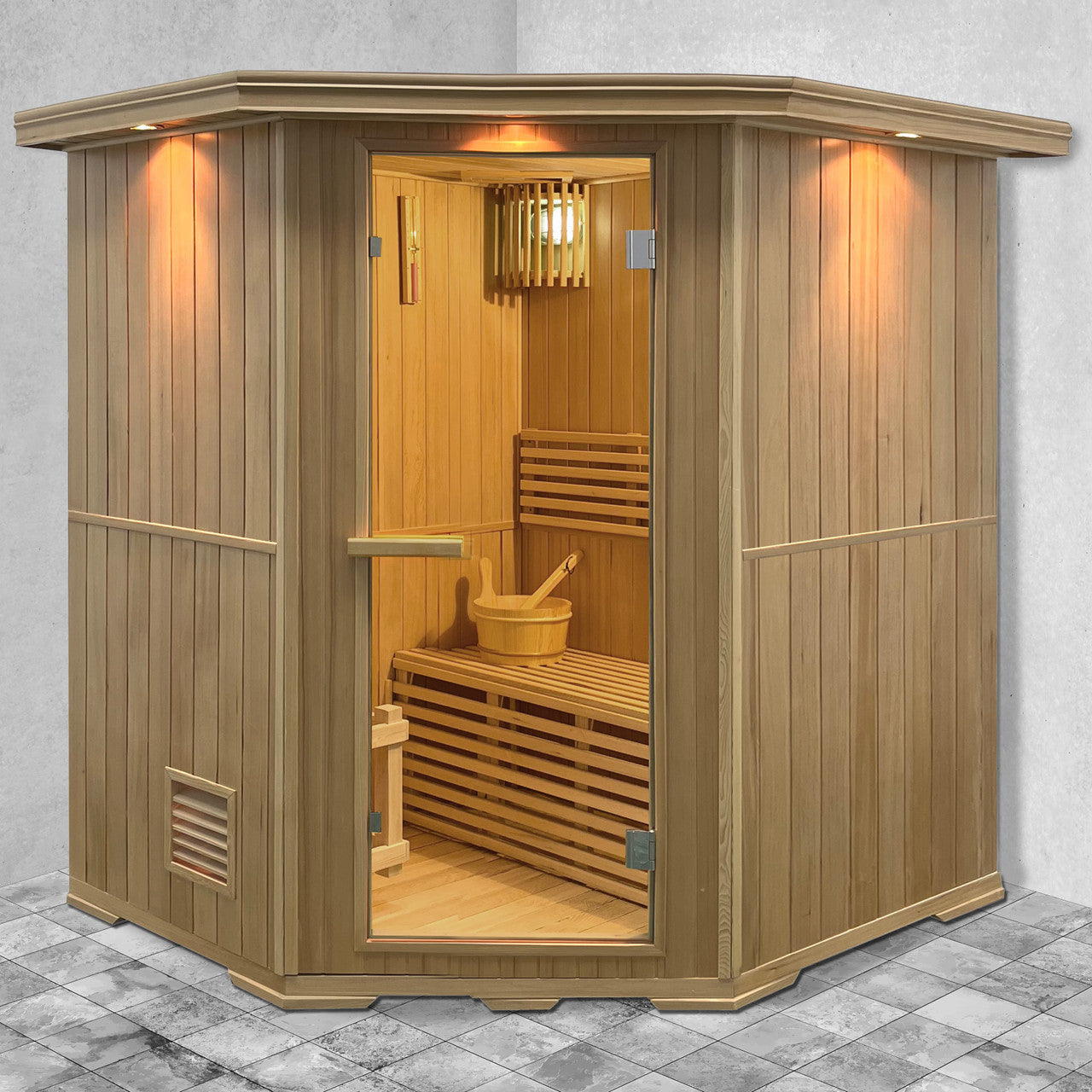 Canadian Hemlock Wet Dry Indoor Sauna - 6 kW UL Certified Heater - 6 Person - Prime Spot Saunas