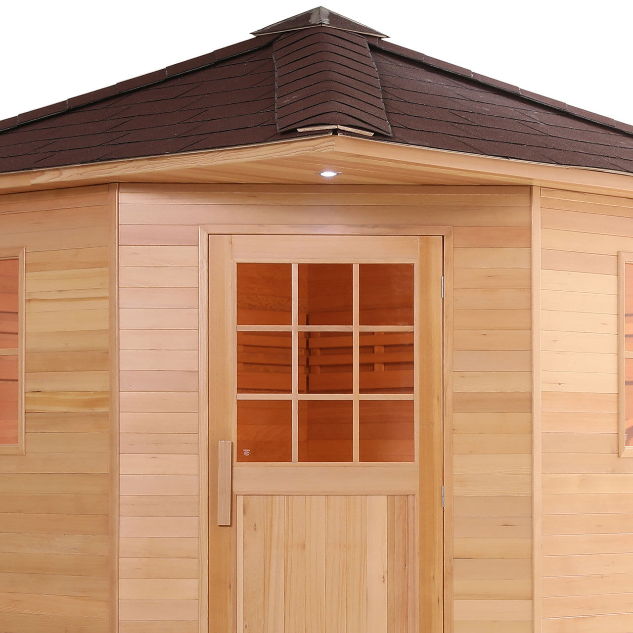 Canadian Hemlock Wet Dry Outdoor Sauna with Asphalt Roof - 8 kW UL Certified Heater - 8 Person - Prime Spot Saunas