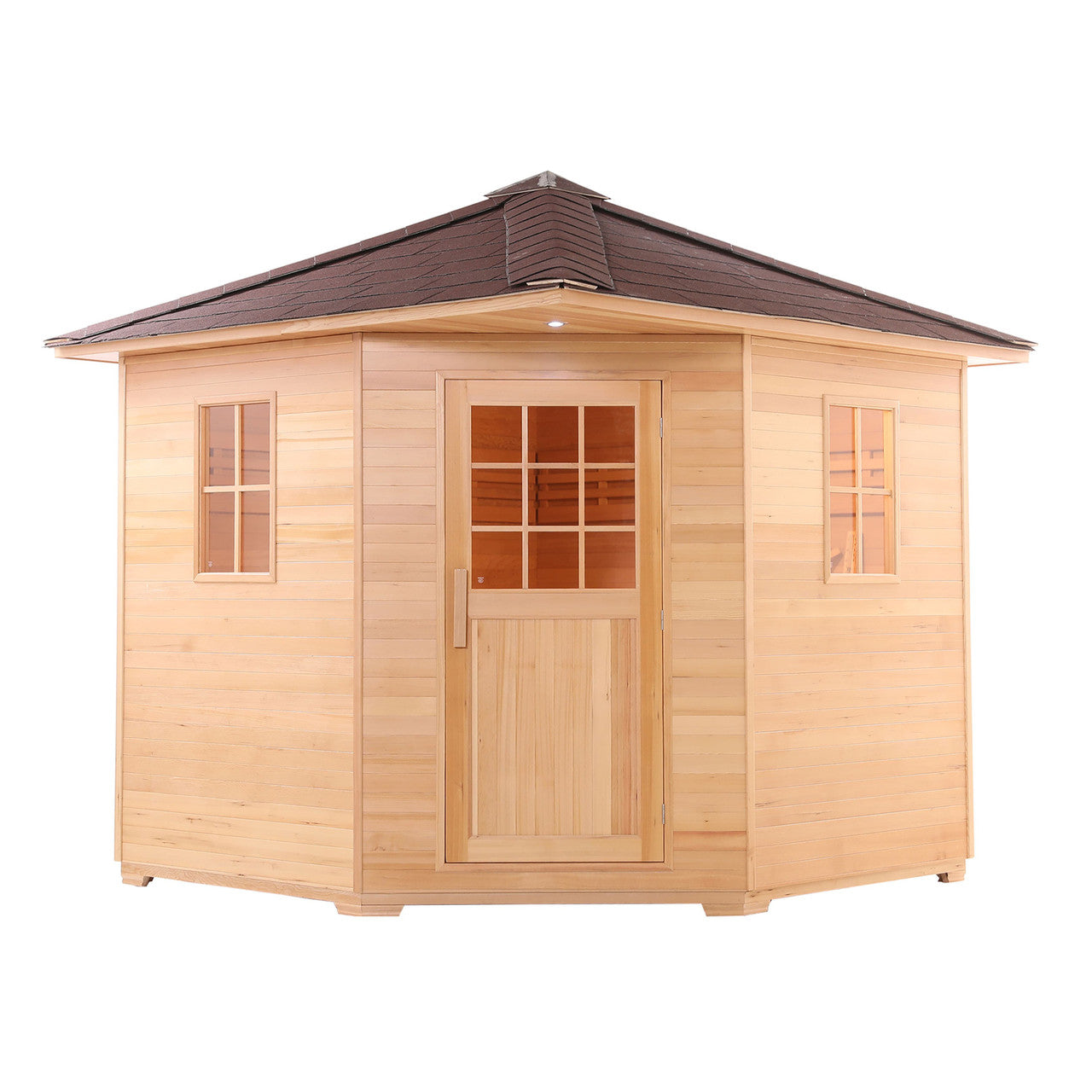 Canadian Hemlock Wet Dry Outdoor Sauna with Asphalt Roof - 8 kW UL Certified Heater - 8 Person - Prime Spot Saunas